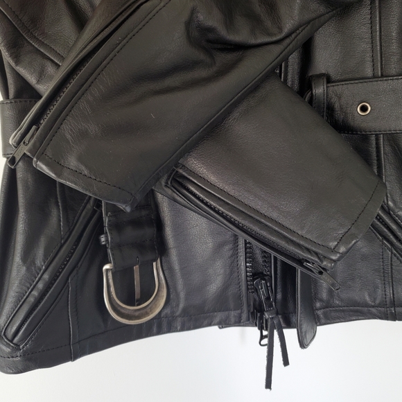 VICTORY MOTORCYCLE Women M Black Leather Moto Zips Jacket Belted Logos V… - Picture 7 of 16